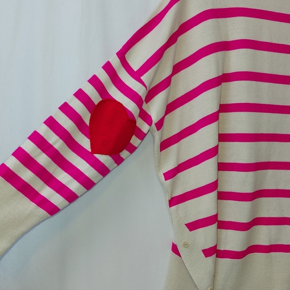 MERSEA Amour Striped Sweater Heart Elbow Patches Women's OSFA Tan Pink Red - Picture 2 of 7